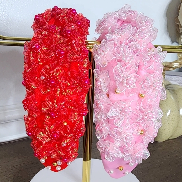 Accessories - Beaded Floral Headbands - Red and Pink